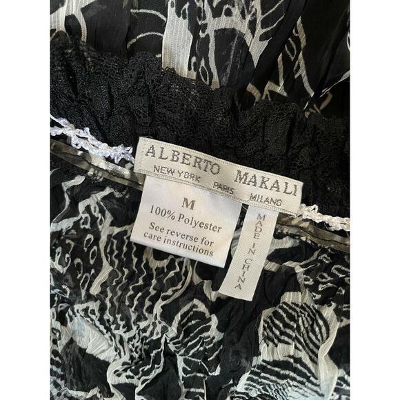 ALBERTO MAKALI Size M Black White Crinkle Floral Print Blouse Shirt Top - Picture 4 of 6